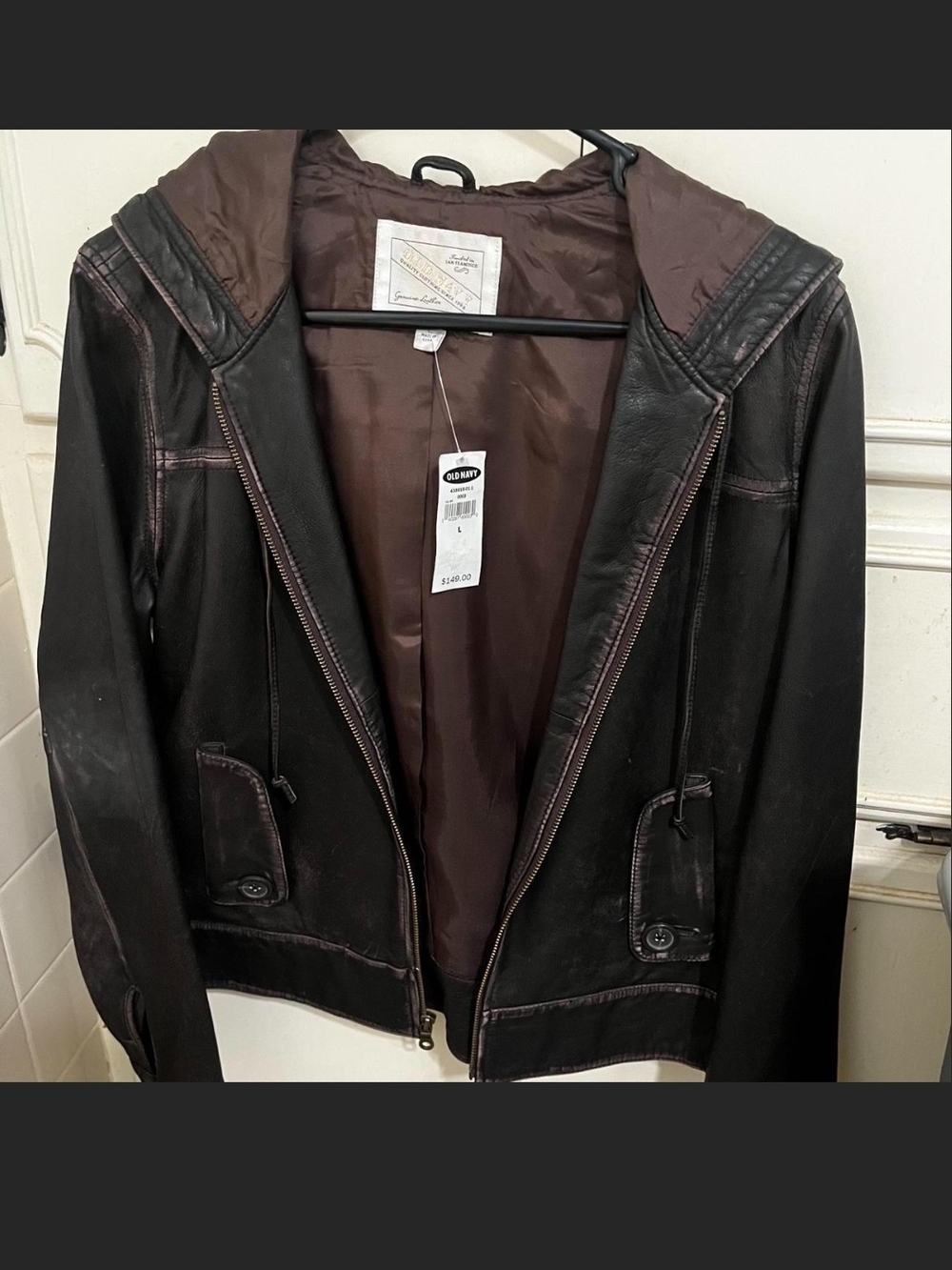 Old Navy Leather Hooded Jacket in Black & Brown Size Large NWT